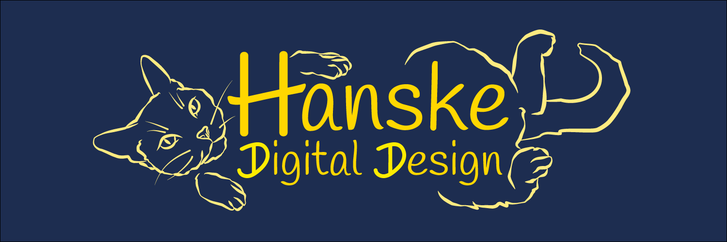 Logodesign der Autorin und Deigitalen Designerin Britta Hanske. Der Schriftzug ist in leuchtendem dunklen Geld, der Hintergrund dunkelblau. Unter dem Schriftzug "Hanske" steht "Digital Design" in kleiner. Der Schriftzug wird von einer liegenden Katzensilouette eingerahmt. Links Kopf und Vorderpfoten, rechts Hinterbeine und Schwanz.