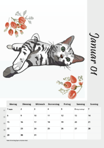 Kalenderseite Januar eines Wandkalenders A4 mit Katzenillustration. Die zweigeteilte Seite zeigt eine getigerte Katze, die auf der Seite liegt, darunter sind die Wochentage und Daten zu sehen. Rechts steht Januar 01.