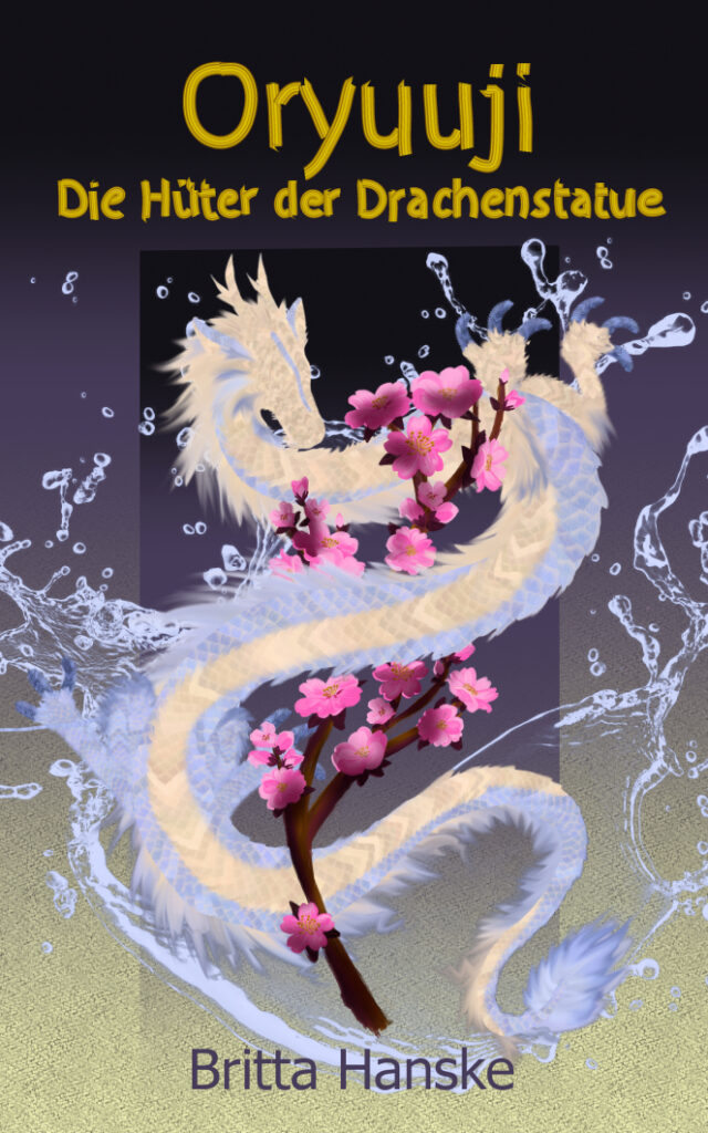 Coverentwurf für den Fantasy Roman "ORYUUJI – Die Hüter der Drachenstatue". Ein stilisierter japanischer Drache schlängelt sich S-förmig in Zentrum des Covers und umschlingt einen Kirschblütenzweig. Der Titel und der Name der Autorin stehen in goldenen Lettern am oberen und unteren Bildrand. Der Hintergrund zeigt einen Farbverlauf von dunklem Lila zu einem blassen creme Ton.