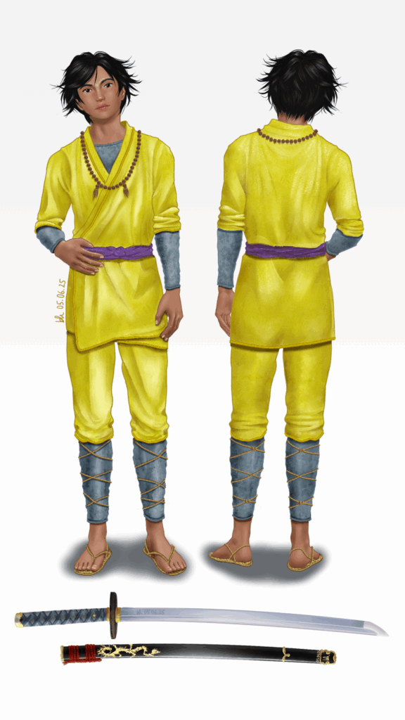 Charakterdesign Kei Kiriya der Hauptcharakter der Fantasy-Reihe "ORYUUJI". Illustration eines Jungen mit schwarzen wuscheligen haaren, ernstem Gesichtsausdruck, gelbem Trainingsanzug nach japanischen Kampfanzügen, einem blauen Shirt darunter, blauen Schienbeinschonern, die mit Kordeln kreuzförmig zusammengehalten werden und geflochtenen Sandalen. Vorder- und Rückseite. Der Junge neigt den Kopf leicht zur linken Seite und hat den rechten Arm angewinkelt, der Daumen steckt in einem lila Gürtel (Obi). Unter dem Jungen liegt ein Katana mit grauem Griff und eine schwarze Schwertscheide mit goldenen Verzierungen, einem Drachen und einer roten Kordel für die Befestigung.