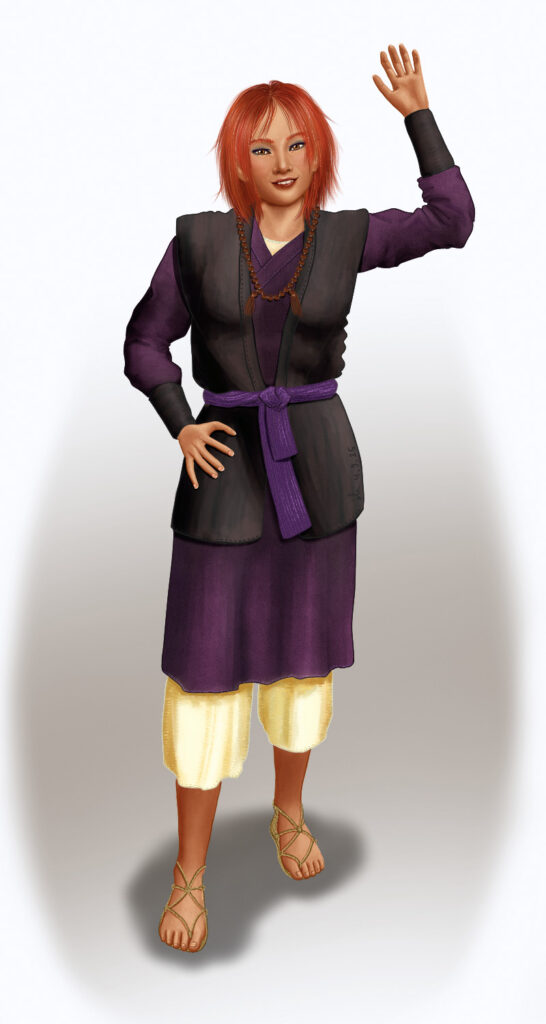 Charakterdarstellung Aiyumi Kogistune. Rothaarig, braungebrannt, breites Lächeln, hellbraune Augen, japanische KLeidung, lila Robe und Gürtel, braune Weste und Armschoner, gelbe Hose, Holzperlenkette und Strohsandalen. Sie stützt die rechte Hand in die Hüfte und winkt mit der Linken.