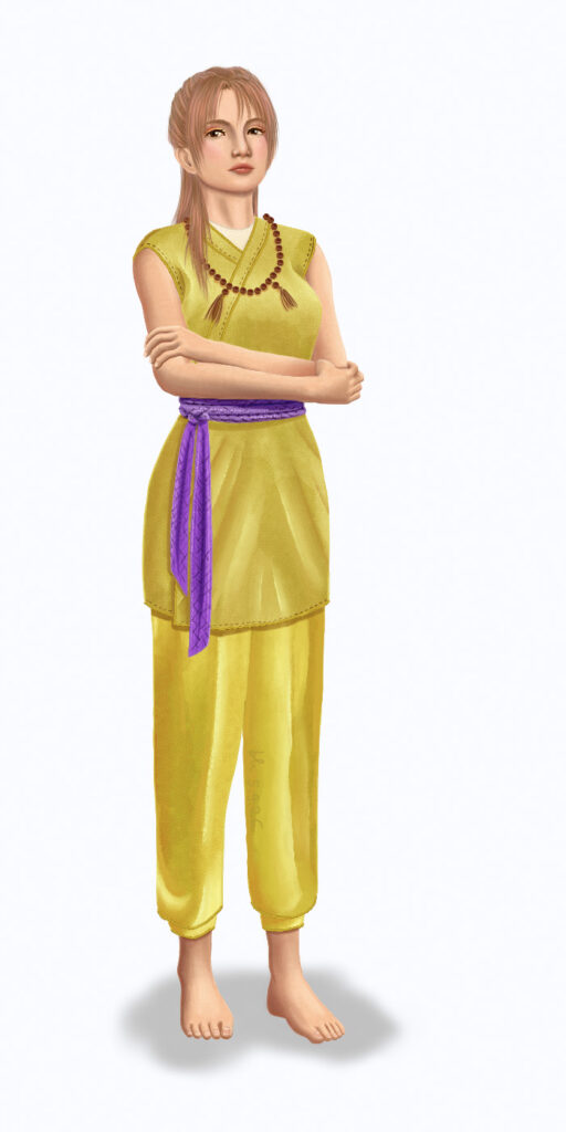 Charakterdarstellung Haruka Kyugawa. hellbraunes Haar, dunkelbraune Augen, ernstes Gesicht, volle Lippen,leicht erhobenes Kinn, verschränkte Arme. Sie trägt einen kurzärmeligen, japanischen, gelben Kampfsportanzug mit lila Gürtel. Um den Hals trägt sie eine Holzperlenkette, sie ist Barfuß.